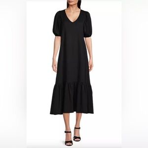 Women’s Black Midi Dress from Dillards, V-Neck, Puff Sleeve & Ruffle Hem